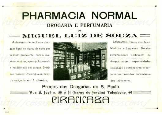 Anúncio da Farmácia Normal em Piracicaba, 1914. Propaganda antiga.