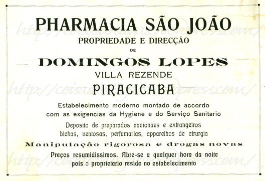 Anúncio da Farmácia São João em Piracicaba, 1914. Propaganda antiga.