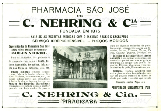 Anúncio da Farmácia São José em Piracicaba, 1914. Propaganda antiga.